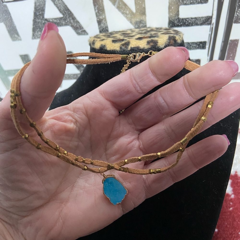 Serena Layered Choker Necklace Tan Faux Suede Turquoise Slab Pendant